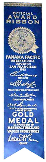 Blue ribbon won by Aladdin in the 1915 world's fair